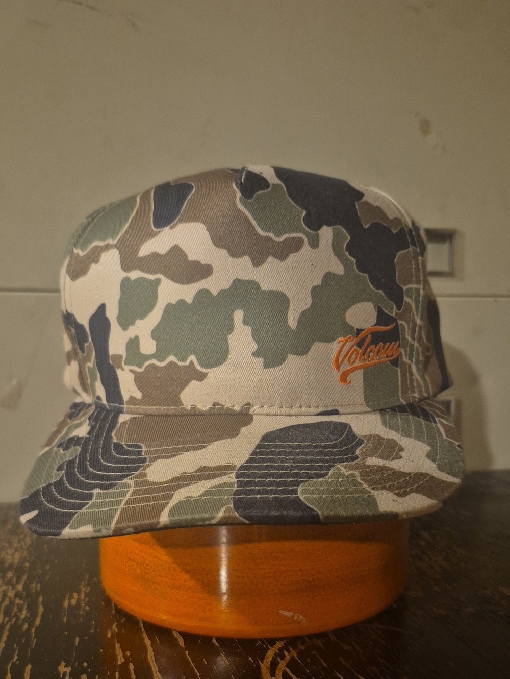 Volcom Camo 5-Panel Hat with Orange Script Logo